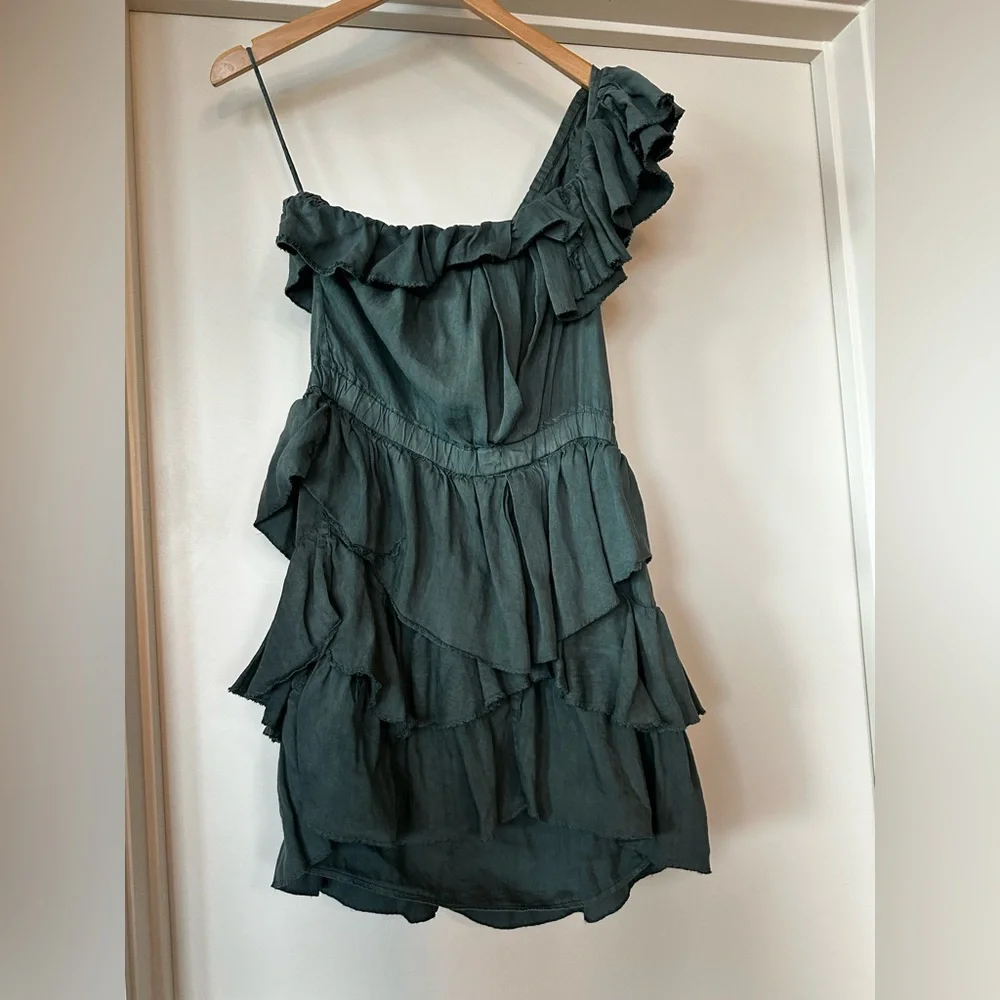 Isabel Marant Etoile One -Shoulder Ruffled Mini Dress in Sage Green. Size M. - Picture 5 of 16
